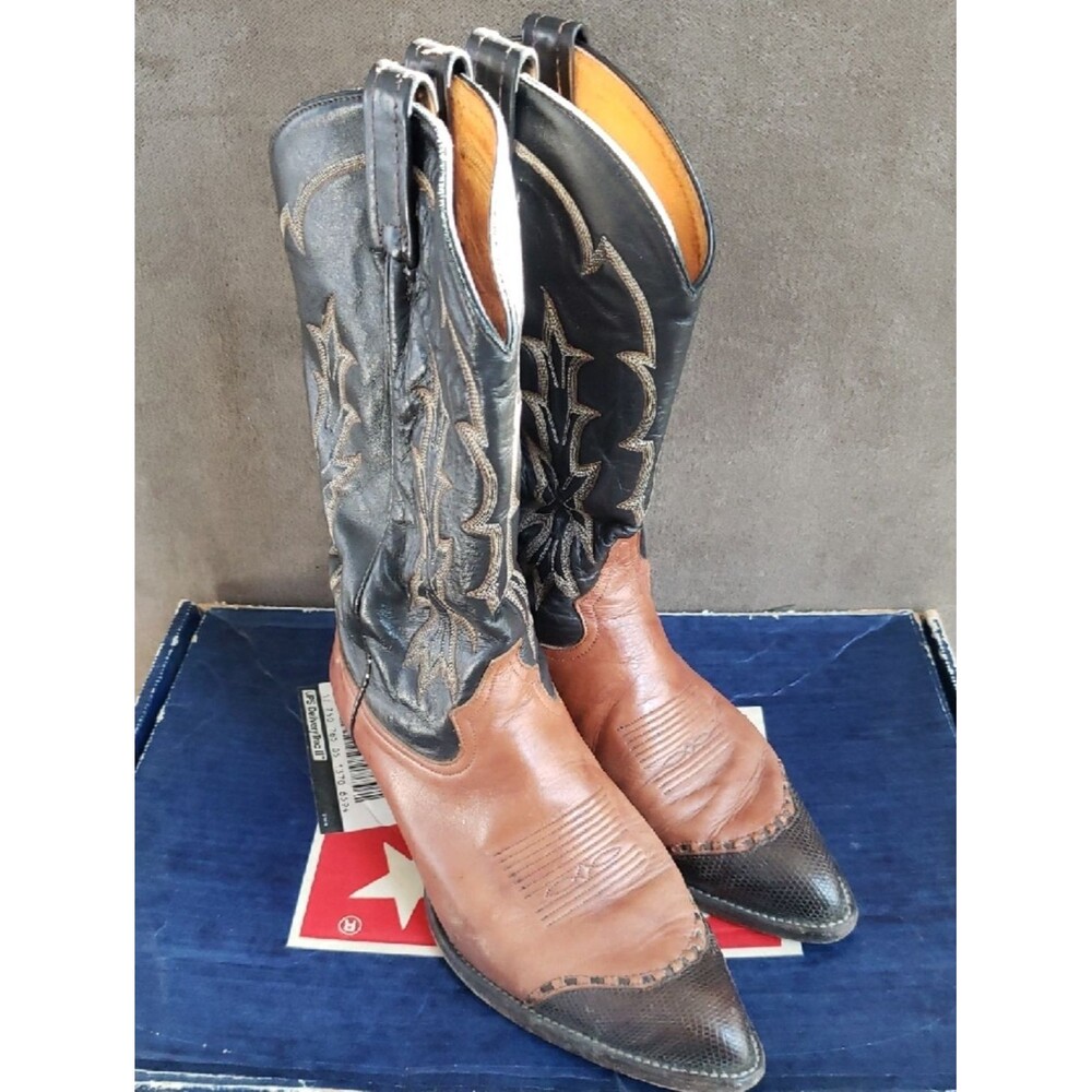 Tony Lama Two-Tone Wing Tip Men's Cowboy Boots 9.5 D Cow/Kidd Leather Vtg 6951